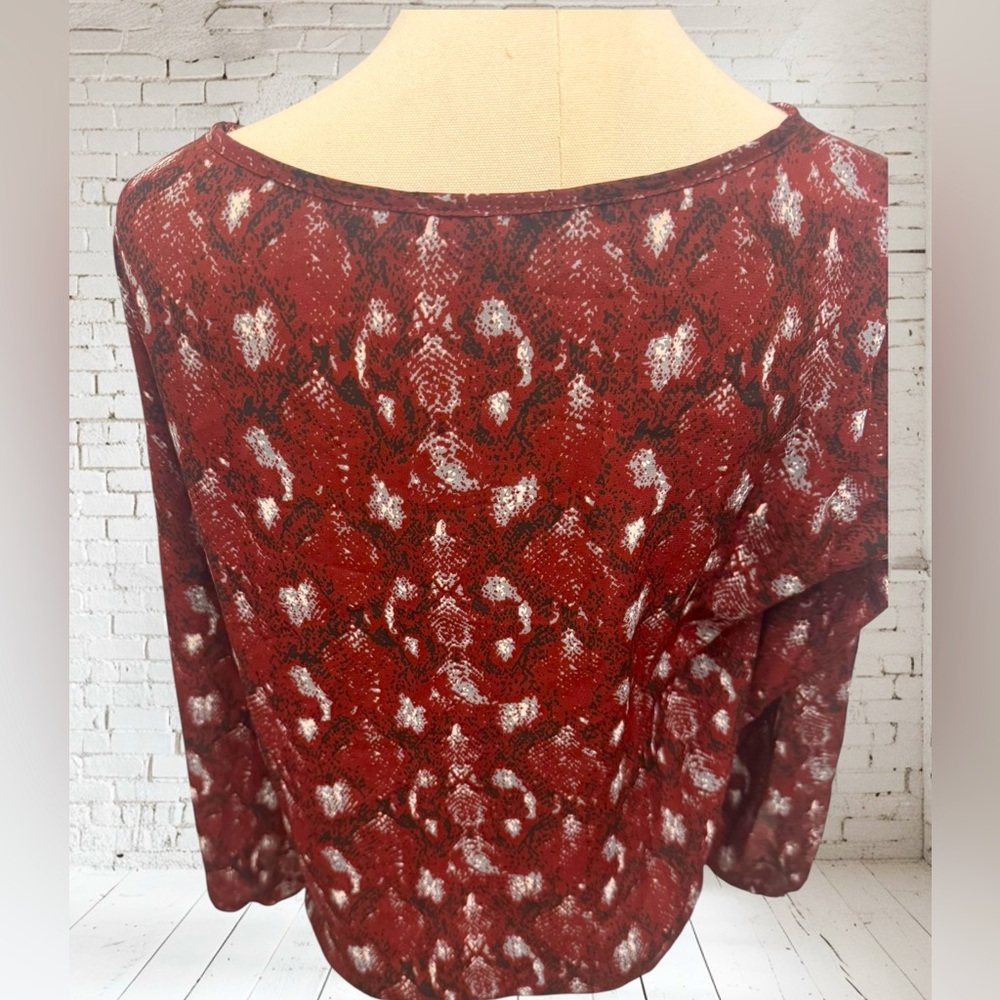 West Kei Snake Print Blouse NWOT | Small Burgundy Tie‑Front Sleek Statement Top - Picture 6 of 6